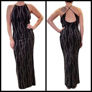 90s Y2K Gunne Sax Black Formal Halter Dress Gray Swirls Sz Small 4 6 Whimsigoth